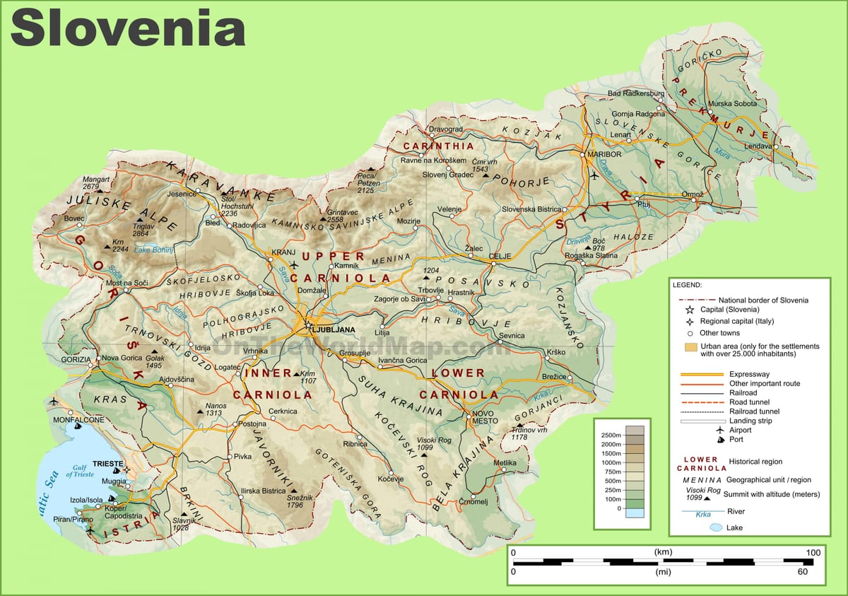 Карта на Словения физическа